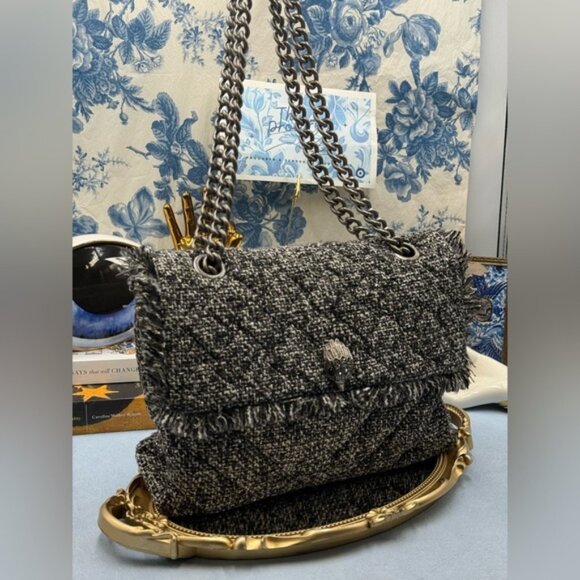 🆕 KURT GEIGER LONDON 🧿 NWOT Large Tweed Kensington Bag, Metallic Black & White - Picture 2 of 16